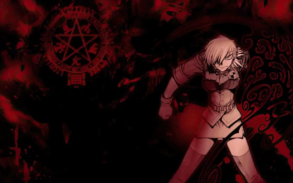 HD desktop wallpaper featuring Seras Victoria from the anime Hellsing, set against a dark red and black background with a mystical symbol.