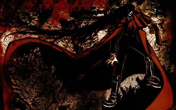 Alucard from Hellsing stands menacingly in this HD anime wallpaper, surrounded by a dark and intricate backdrop that enhances the gothic atmosphere.