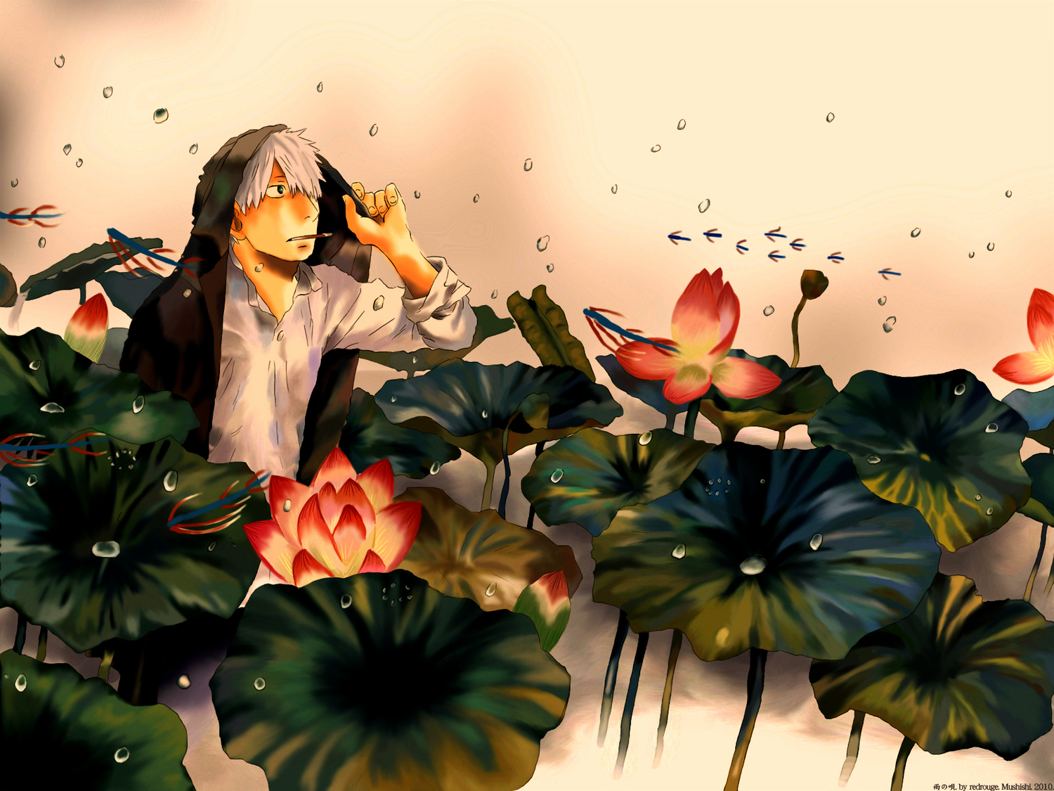 Ginko, the protagonist from Mushishi, explores a beautiful Lotus Garden in this anime-inspired desktop wallpaper.