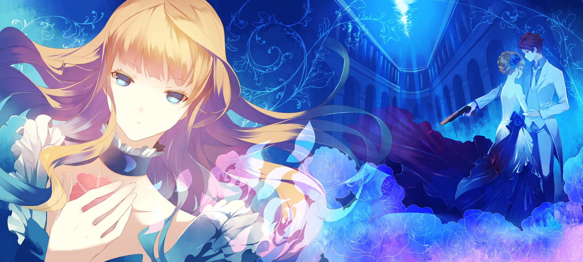 Anime HD PC desktop wallpaper from Umineko: When They Cry showing a golden-haired woman in a flowing dress amid a blue, ornate cathedral-like background and swirling magical light.