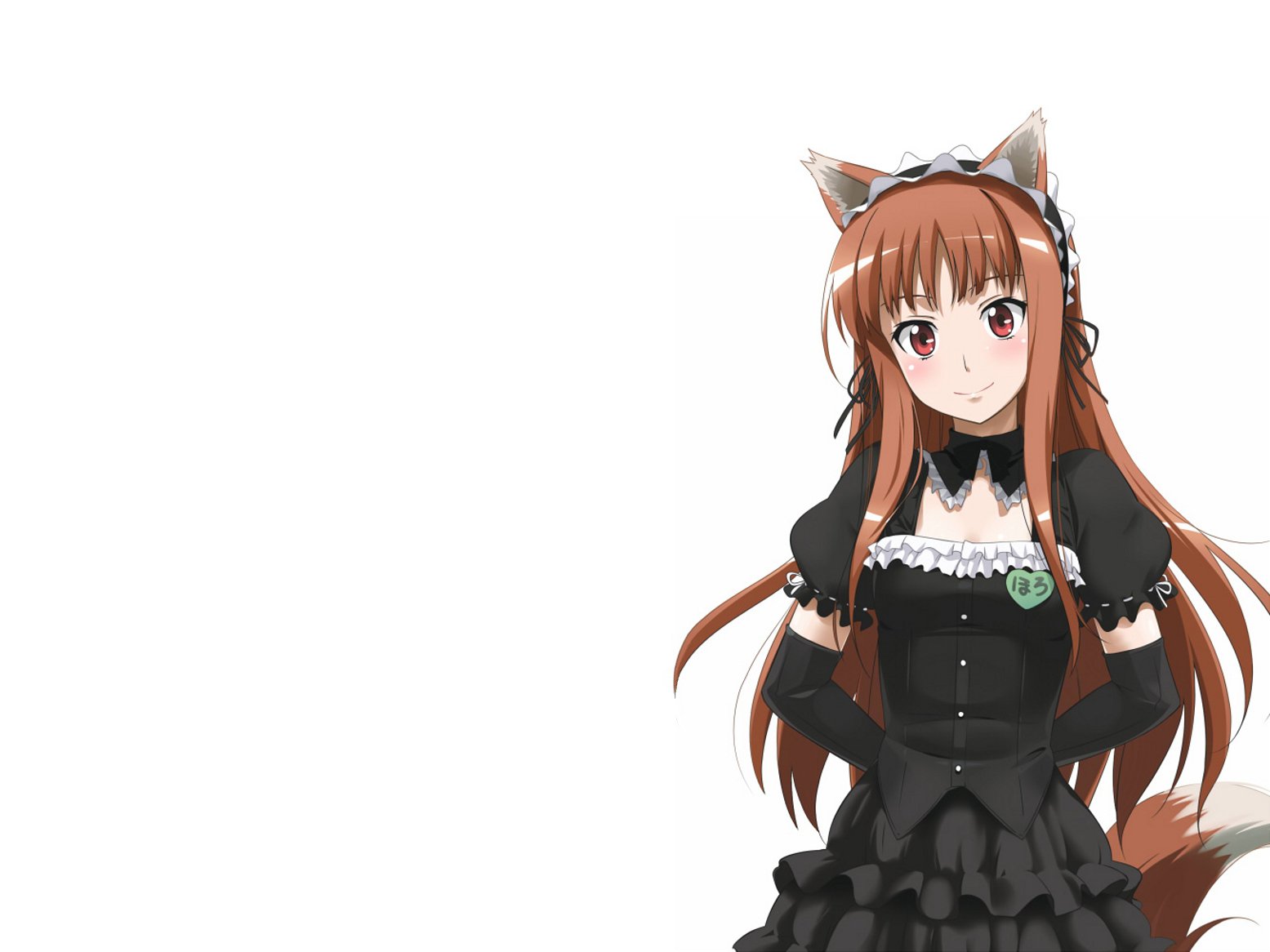Anime HD PC desktop wallpaper featuring Horo from Spice and Wolf wearing a black dress and wolf ears against a white background.