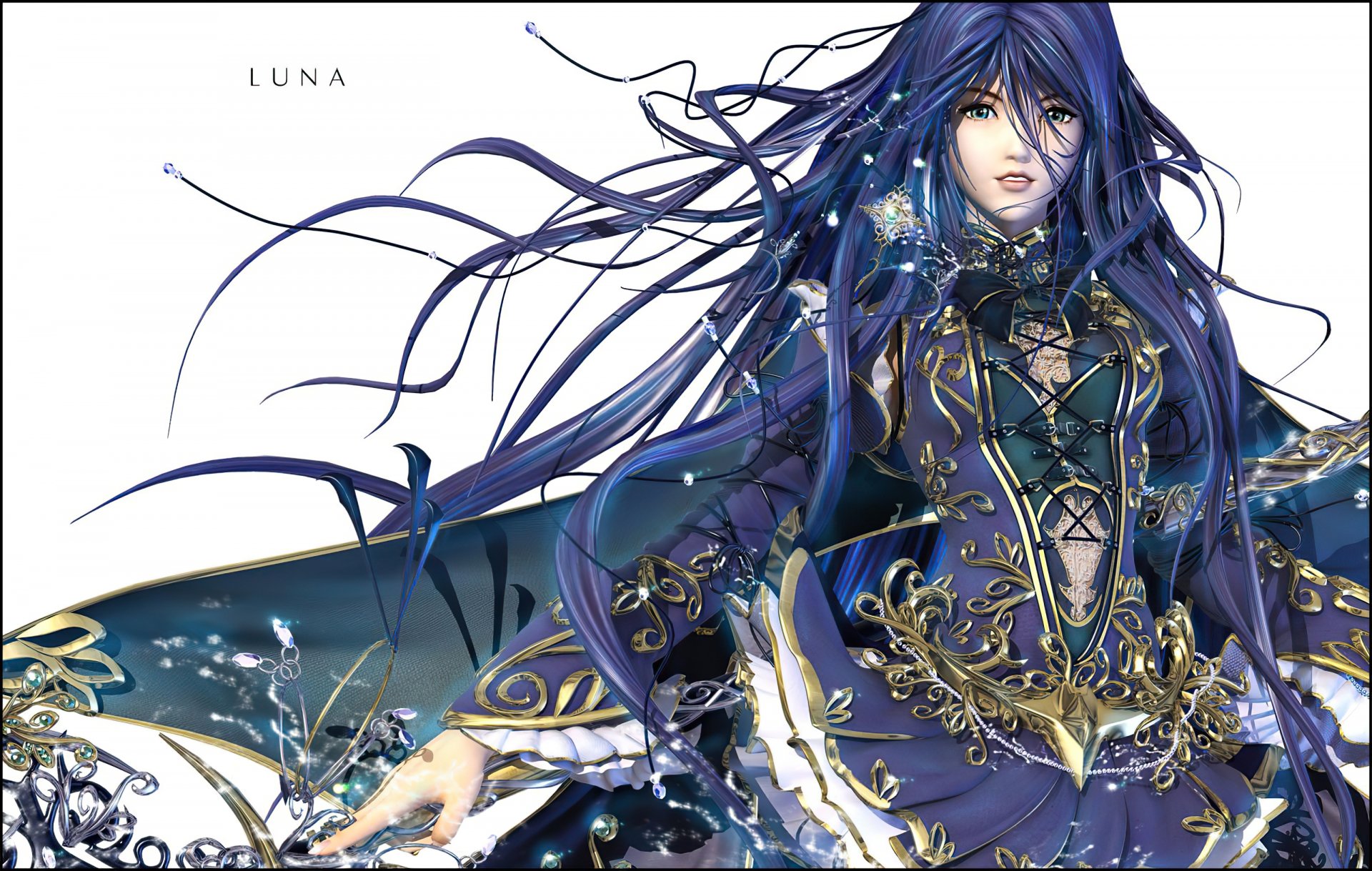 HD anime desktop wallpaper featuring a detailed illustration of a woman with flowing dark blue hair and ornate, intricate clothing against a white background.