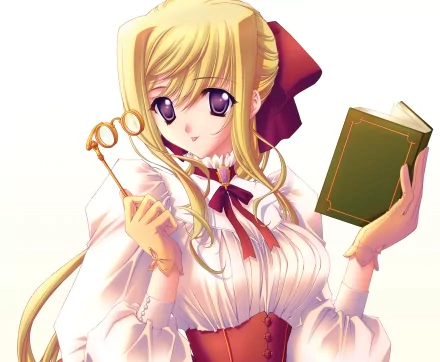 HD anime desktop wallpaper featuring a blonde woman with purple eyes, wearing glasses and holding a book, dressed in detailed light-colored clothing with a red ribbon.