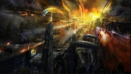 A dramatic sci-fi scene depicting a futuristic war, featuring advanced ships and explosive battles amidst a strikingly detailed urban landscape. High-definition desktop wallpaper.