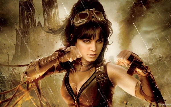 Vanessa Hudgens as a fierce character from the movie Sucker Punch in an intense action pose, featured in an HD PC desktop wallpaper background.