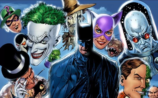 HD PC desktop wallpaper featuring Batman surrounded by iconic DC Comics villains including Joker, Penguin, Catwoman, Scarecrow, and Mr. Freeze in vivid comic art style.