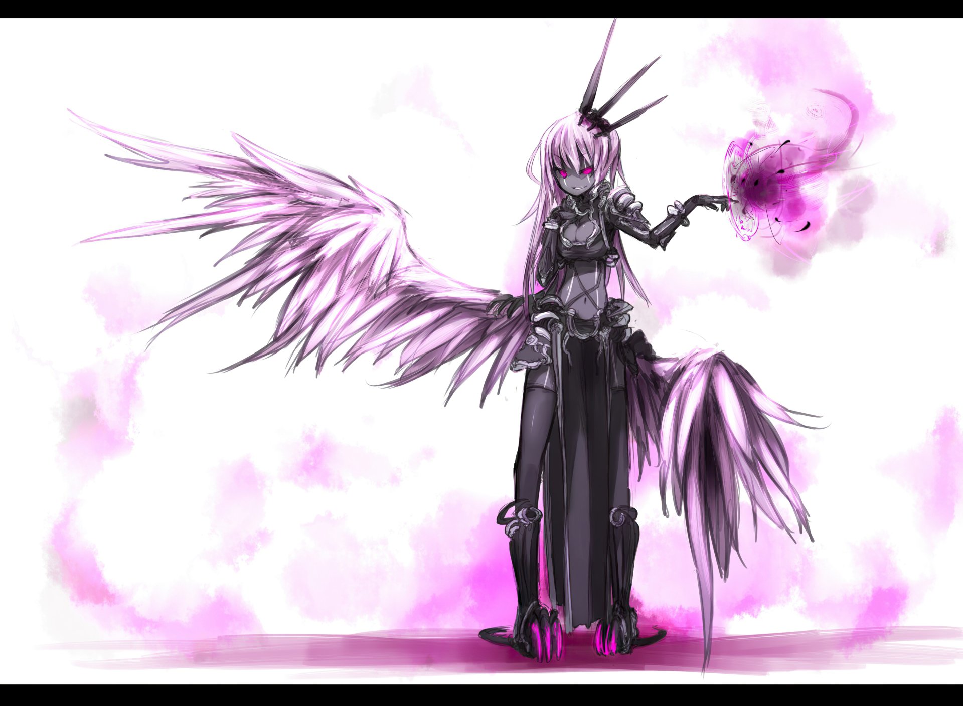 Anime angel with dark armor and glowing purple wings, holding a magical purple flame, depicted in a detailed HD PC desktop wallpaper style.
