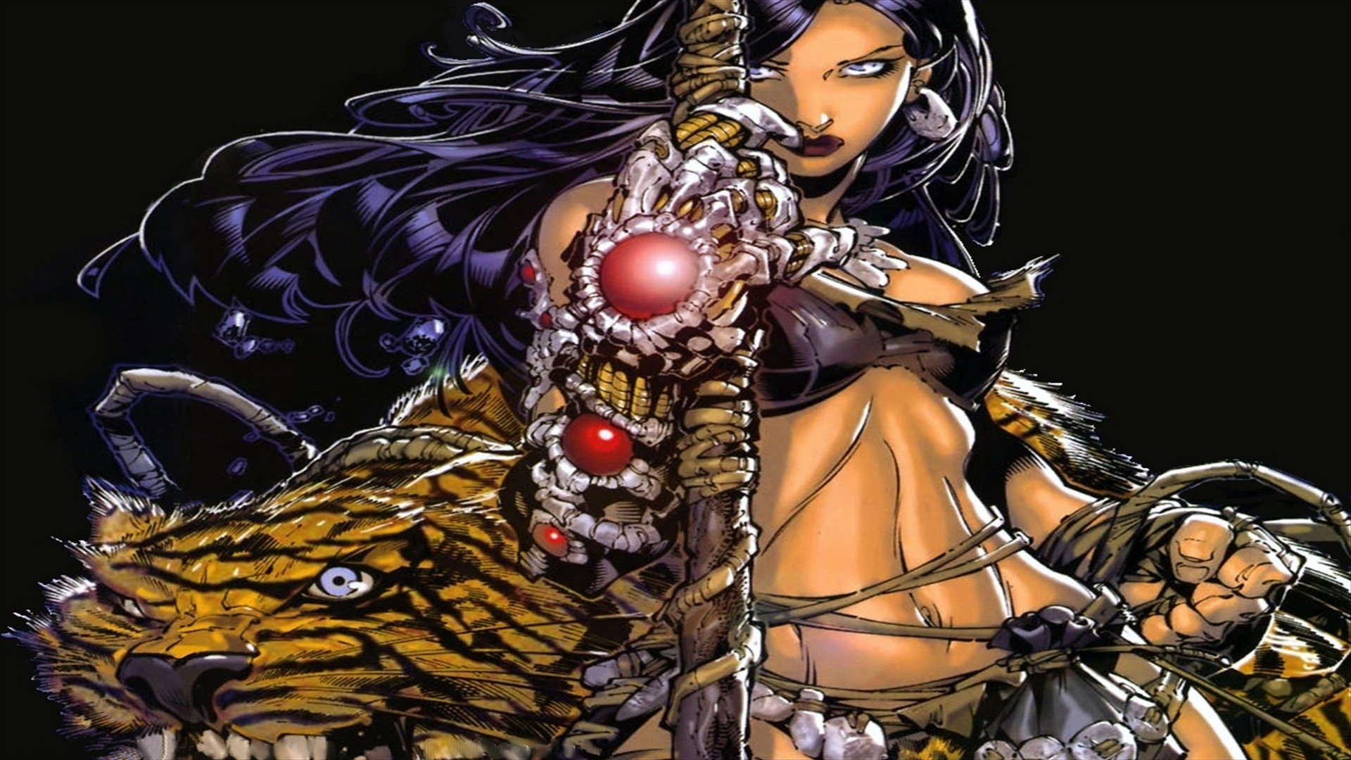 Comic-style Witchblade character in dynamic pose with dark flowing hair and glowing gauntlet, set against black background in 4K Ultra HD PC desktop wallpaper quality.
