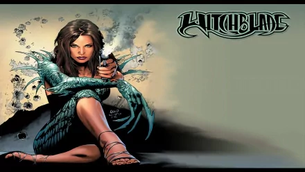 Comic-style Witchblade character with long dark hair and glowing arm weapon, set against a smoky background, designed as a 4K Ultra HD PC desktop wallpaper.