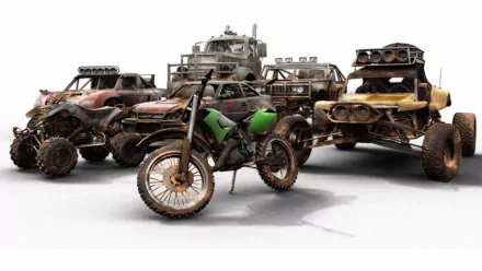 4K Ultra HD desktop wallpaper featuring a collection of off-road vehicles, including dirt bikes and heavily modified trucks, set against a clean white background.