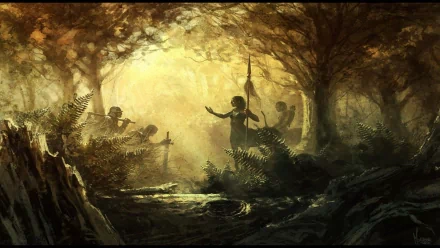 HD desktop wallpaper featuring a fantasy forest scene with mystical creatures, bathed in golden light, surrounded by tall trees and lush foliage.