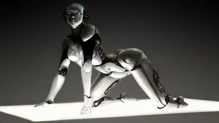 HD desktop wallpaper featuring a futuristic sci-fi cyborg in a dynamic pose on a dark background.