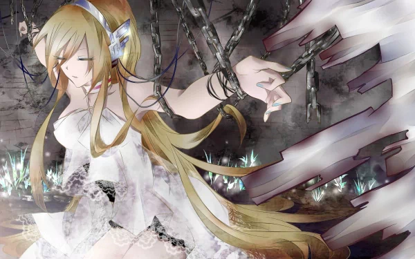 HD PC desktop wallpaper featuring Lily from Vocaloid in an anime style, surrounded by chains and ethereal light effects.