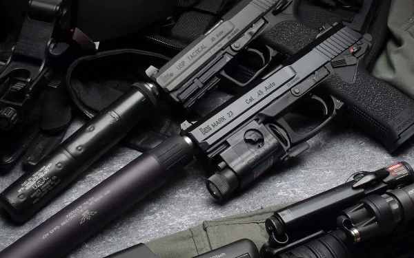 A detailed 4K Ultra HD wallpaper featuring multiple Heckler & Koch pistols with tactical attachments, showcasing man-made firearm design and craftsmanship.