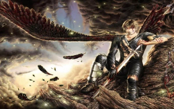 A fantasy angel warrior with dark wings and armor kneels on rocky terrain under a stormy sky, captured in stunning 4K Ultra HD detail for a PC desktop wallpaper.