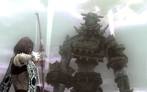 A high-definition desktop wallpaper featuring a scene from the video game Shadow of the Colossus. It depicts a colossal monster facing a character with a bow and arrow, set against a cloudy sky.