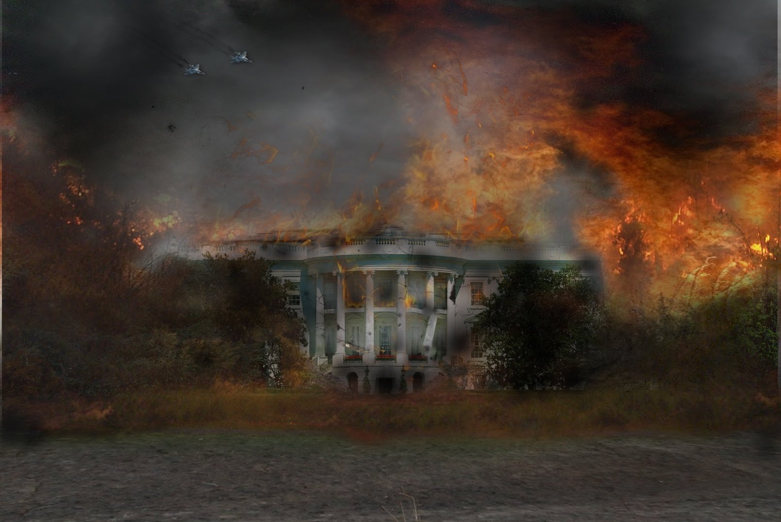 HD sci-fi apocalyptic PC desktop wallpaper: a neoclassical government building engulfed in flames and thick smoke beneath a stormy, ember-filled sky.