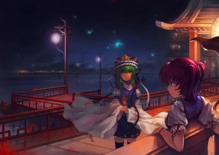 Anime HD PC desktop wallpaper of Touhou characters Shikieiki Yamaxanadu and Komachi Onozuka on a lantern-lit temple bridge at night.