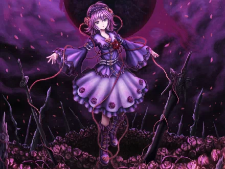 HD PC desktop wallpaper featuring Satori Komeiji from the anime Touhou, set against a dark, mystical background with purple and black hues.