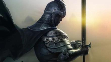 HD desktop wallpaper showing a fantasy warrior knight in full armor holding a sword, with a mystical background illuminated by the setting sun.