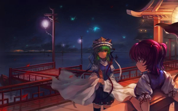 Anime HD PC desktop wallpaper of Touhou characters Shikieiki Yamaxanadu and Komachi Onozuka on a lantern-lit temple bridge at night.