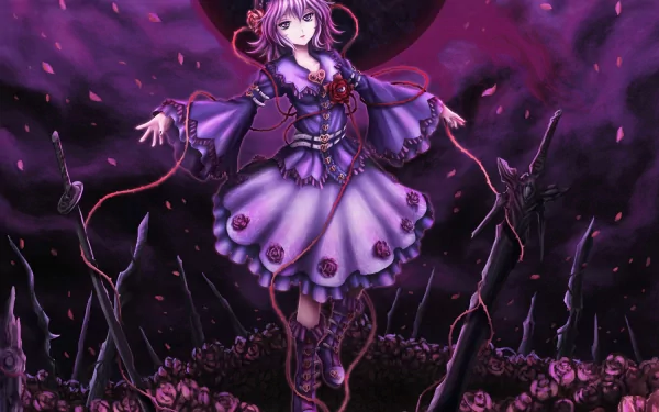 HD PC desktop wallpaper featuring Satori Komeiji from the anime Touhou, set against a dark, mystical background with purple and black hues.