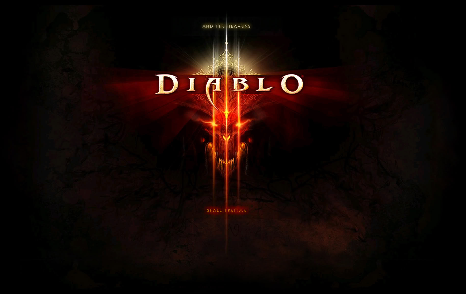 Diablo III video game wallpaper. A menacing Diablo logo in dark shades and fiery background.
