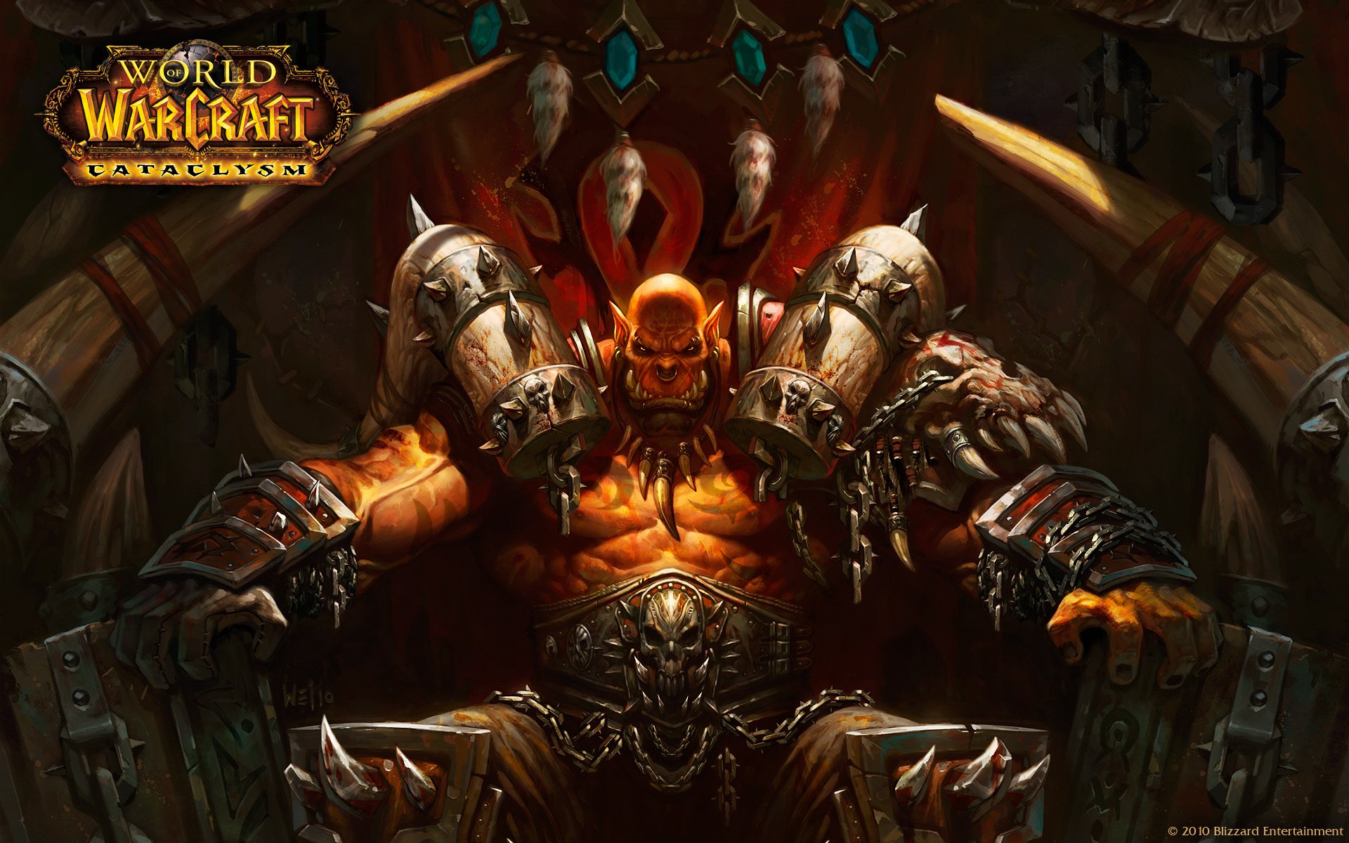 HD desktop wallpaper: a menacing Horde warlord from World of Warcraft sits on a spiked throne in heavy skull-studded armor, glowing orange eyes.
