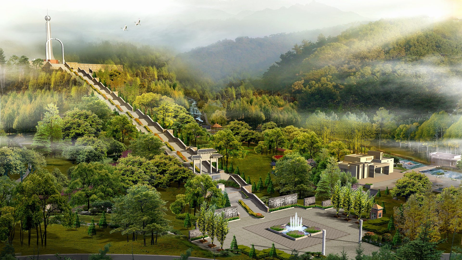 A 4K Ultra HD fantasy cityscape featuring lush greenery, misty hills, and intricate architectural structures blending nature and civilization.