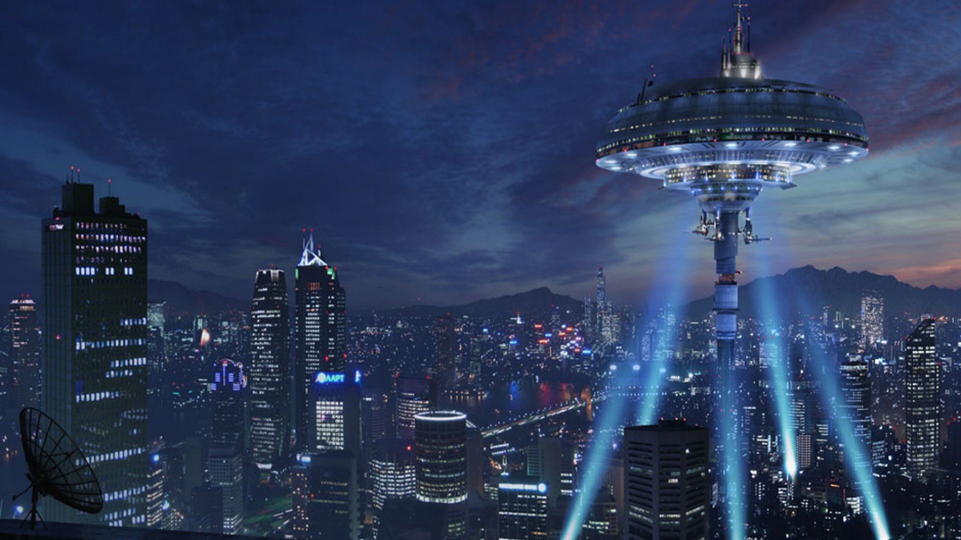 Sci-fi city skyline at night with glowing skyscrapers and a floating orbital tower casting blue searchlights — 4K Ultra HD PC desktop wallpaper and background.