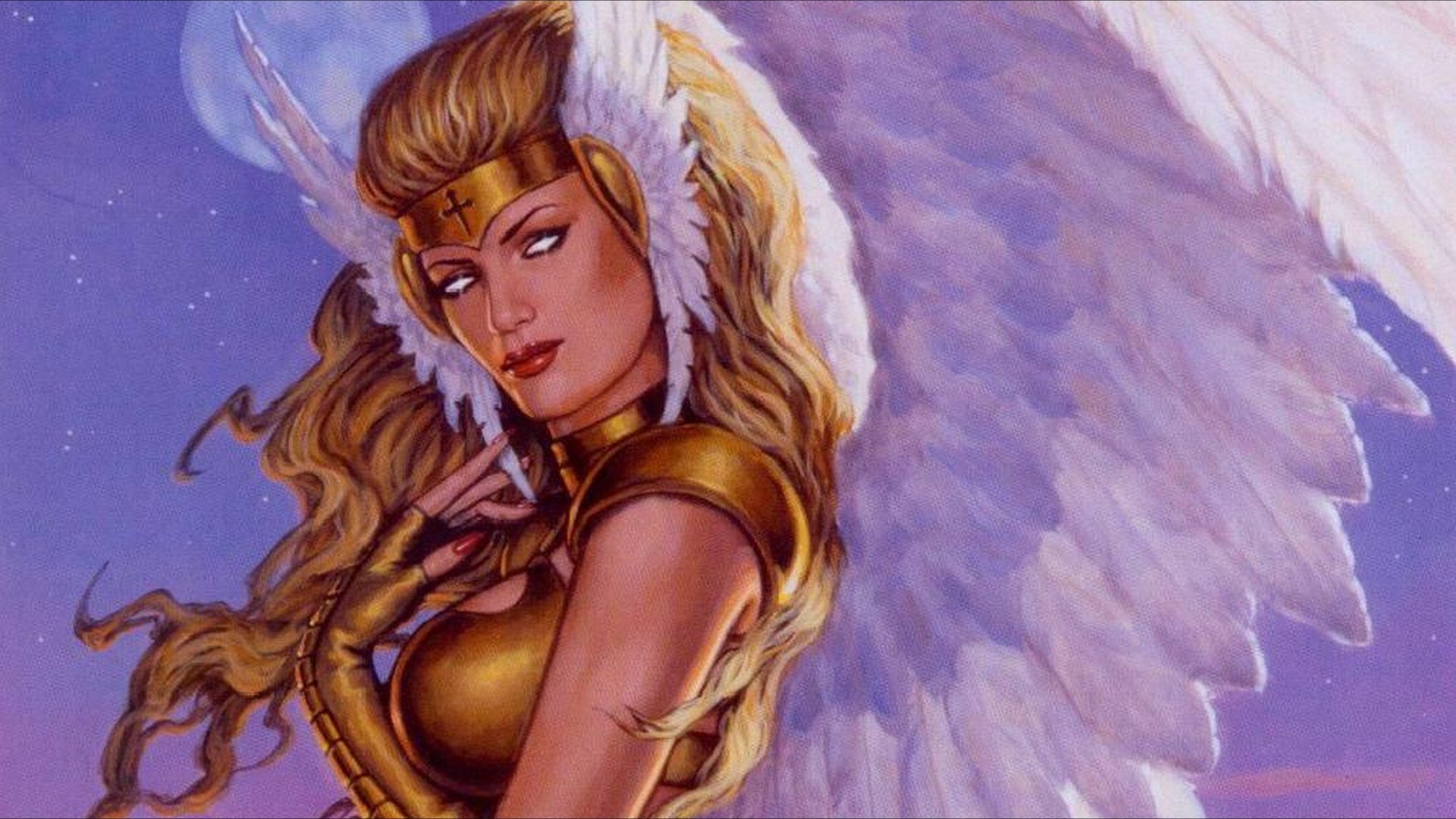 Fantasy-themed 4K Ultra HD desktop wallpaper featuring a fierce, golden-armored angel with flowing hair and large white wings against a soft purple sky.