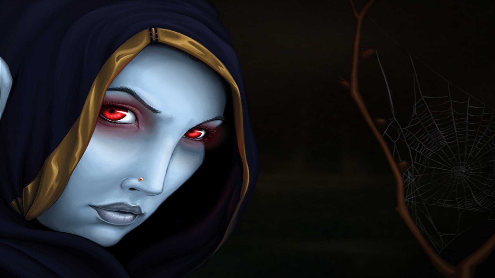 Video game - World of Warcraft 4K Ultra HD PC desktop wallpaper: pale, red-eyed hooded elf gazes from shadowed woods beside a spiderweb.