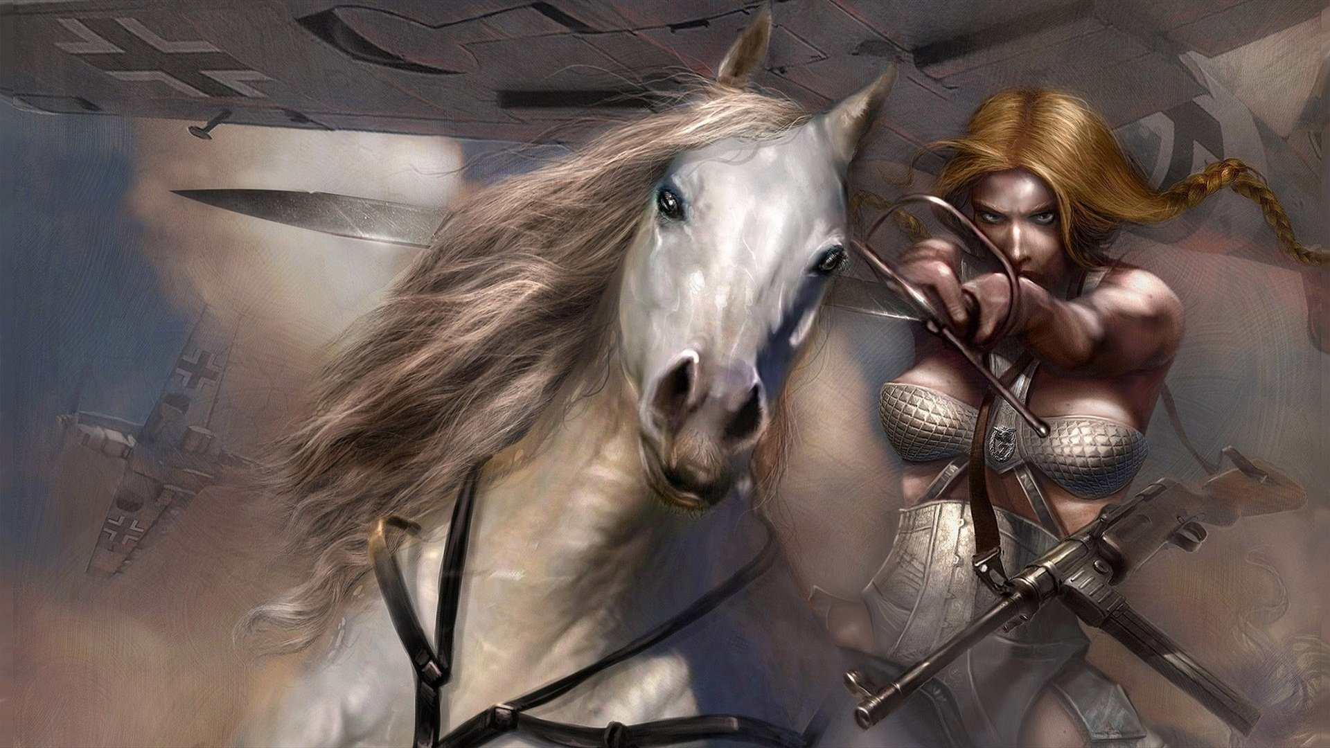 A fierce fantasy woman warrior with braided hair draws her bow while riding a white horse, captured in stunning 4K Ultra HD detail for PC desktop wallpaper.