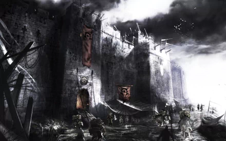 HD PC desktop wallpaper depicting a dark, stormy fortress scene from the video game World of Warcraft, featuring banners and silhouetted figures in a tense atmosphere.