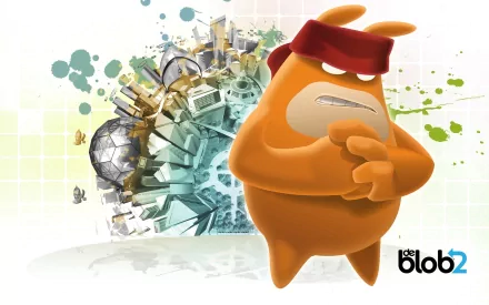 HD PC desktop wallpaper featuring a vibrant character from the video game De Blob 2 with a colorful, abstract cityscape background.