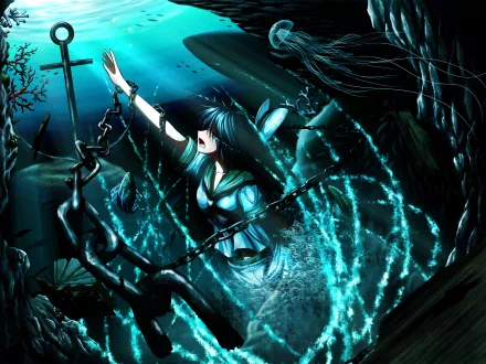Murasa Minamitsu, a character from Touhou, is depicted underwater, surrounded by swirling water and dark aquatic elements, creating a moody and dynamic anime scene.