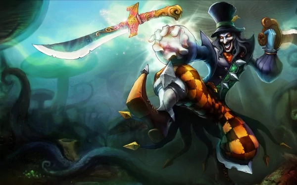 4K Ultra HD PC wallpaper featuring Shaco from League of Legends in a dynamic pose with his signature dagger in a dark, eerie environment.