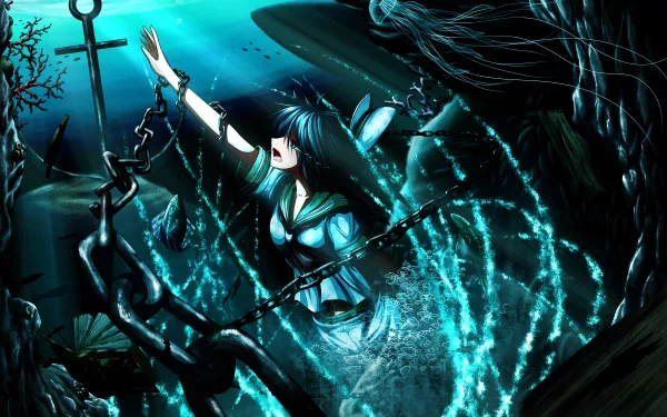 Murasa Minamitsu, a character from Touhou, is depicted underwater, surrounded by swirling water and dark aquatic elements, creating a moody and dynamic anime scene.
