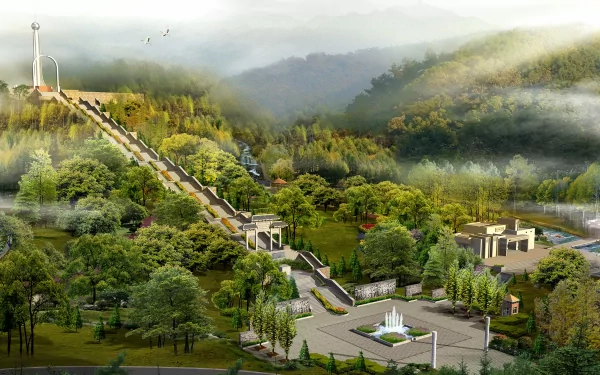 A 4K Ultra HD fantasy cityscape featuring lush greenery, misty hills, and intricate architectural structures blending nature and civilization.