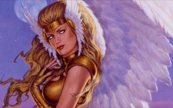 Fantasy-themed 4K Ultra HD desktop wallpaper featuring a fierce, golden-armored angel with flowing hair and large white wings against a soft purple sky.