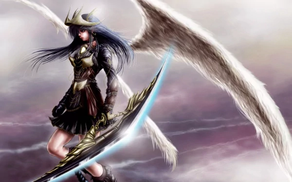 A fierce angel warrior stands poised with a large sword, adorned in intricate armor, against a dramatic cloudy background, making for an impressive fantasy HD wallpaper.