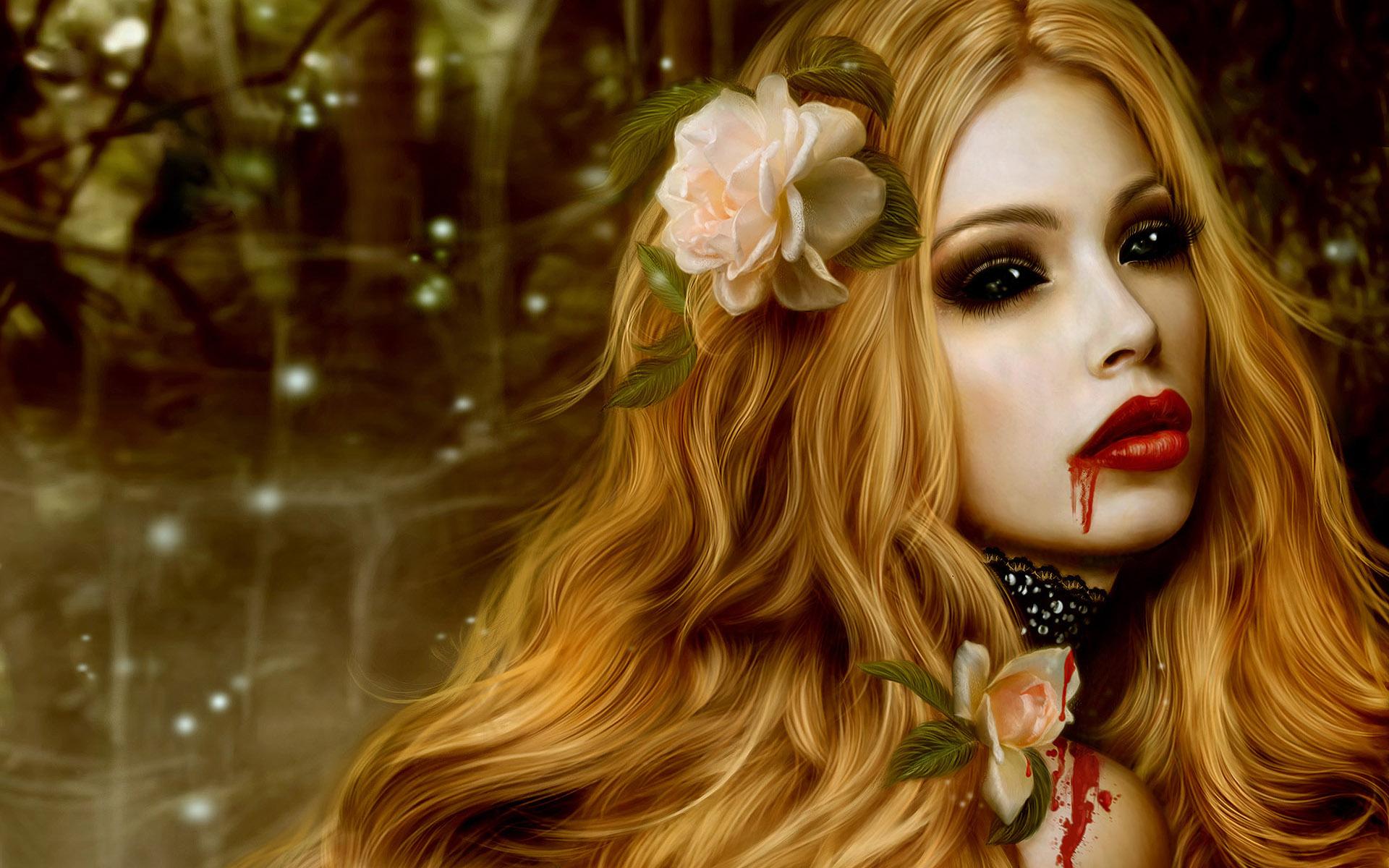 Blonde vampire with black eyes holding a rose, against a fantasy backdrop.