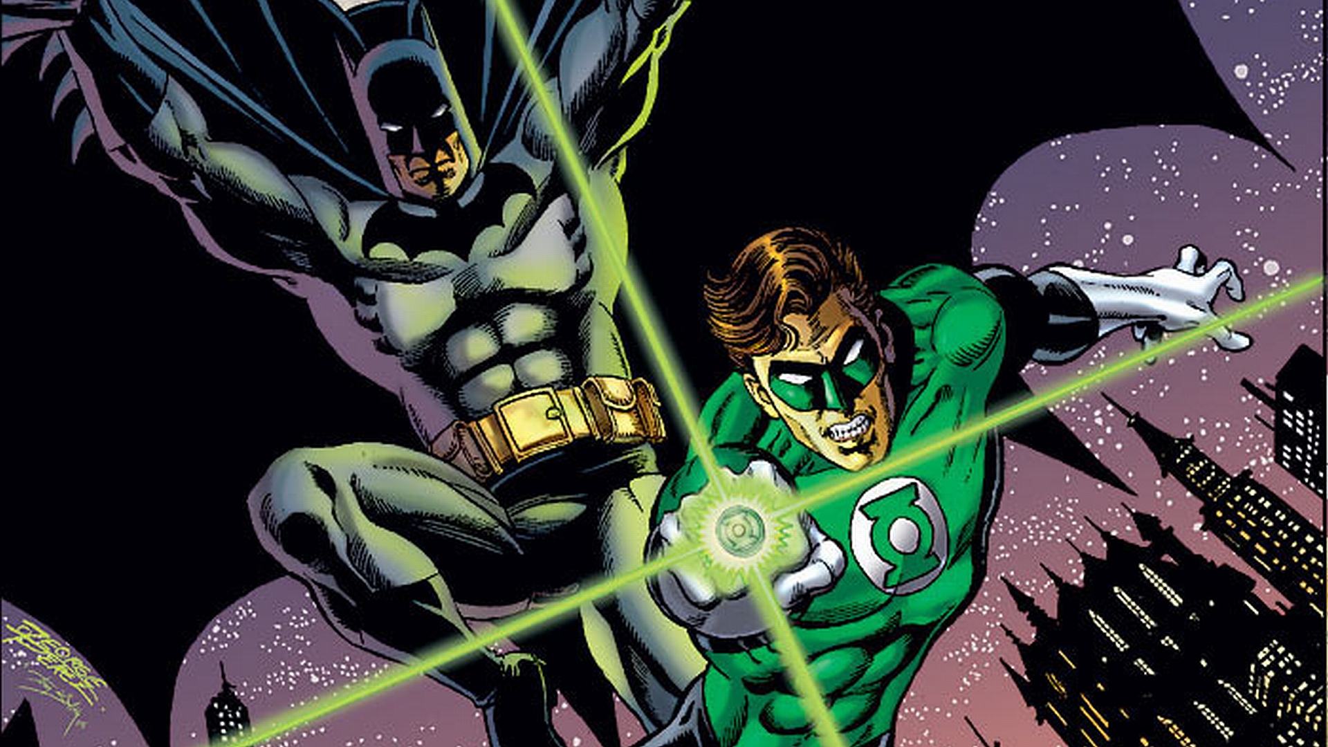 Bold Batman and fearless Green Lantern team up in this striking comic-inspired desktop wallpaper.