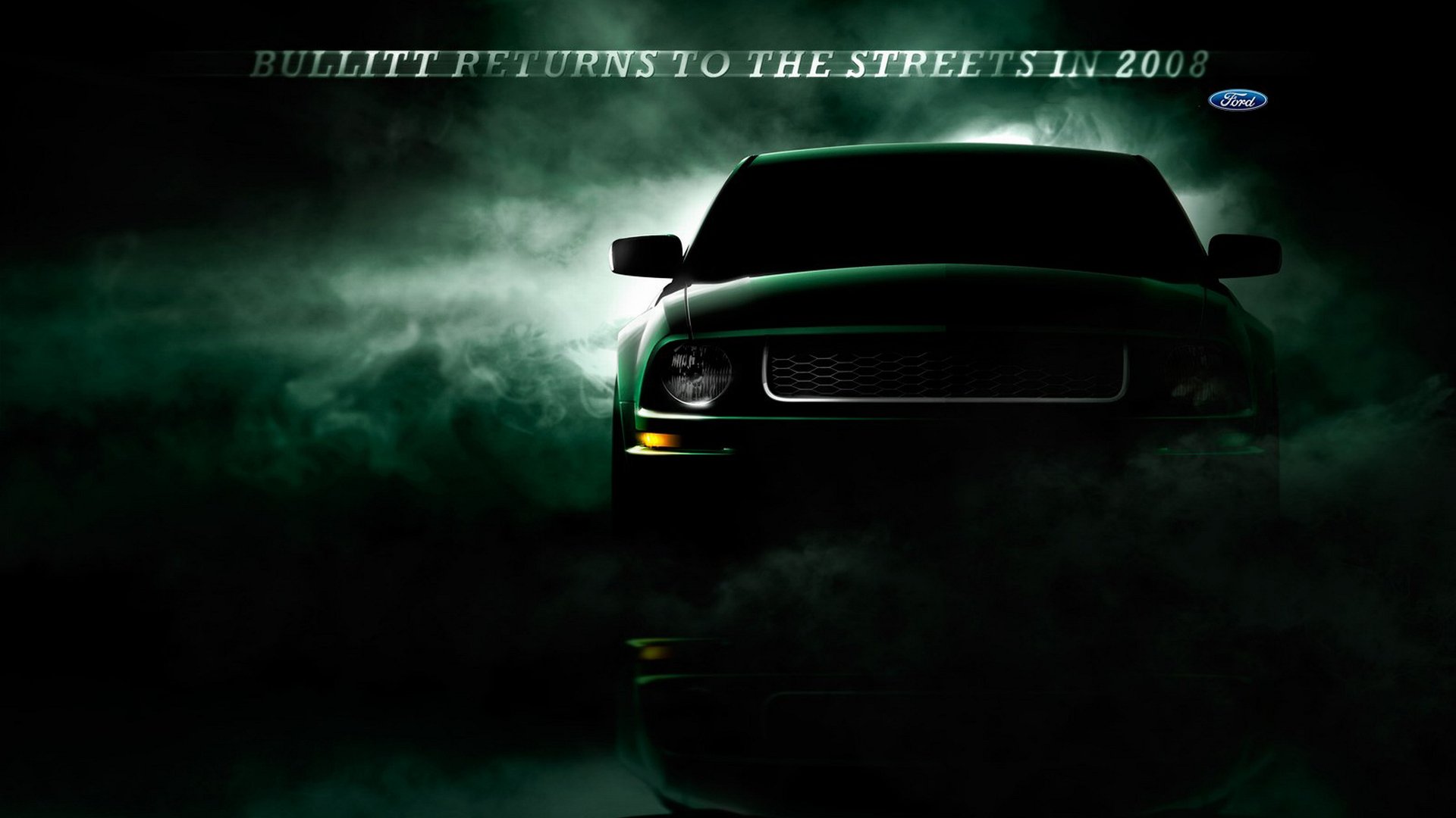 A dark, moody 4K Ultra HD wallpaper featuring a Ford vehicle emerging through green-tinted smoke, with the text BULLITT RETURNS TO THE STREETS IN 2008.