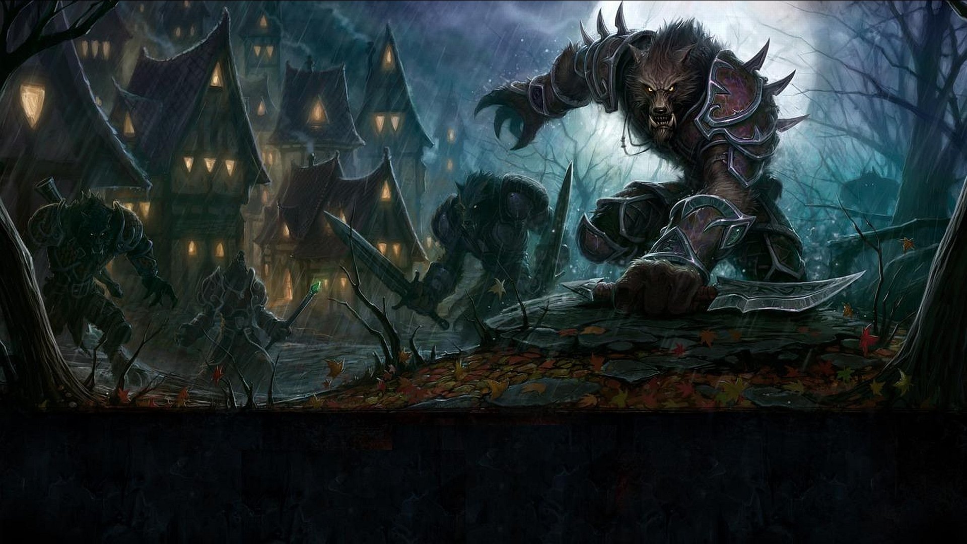 HD desktop wallpaper featuring a fierce warrior from World of Warcraft poised in a dark, eerie landscape, with haunted houses and ominous figures lurking in the background.