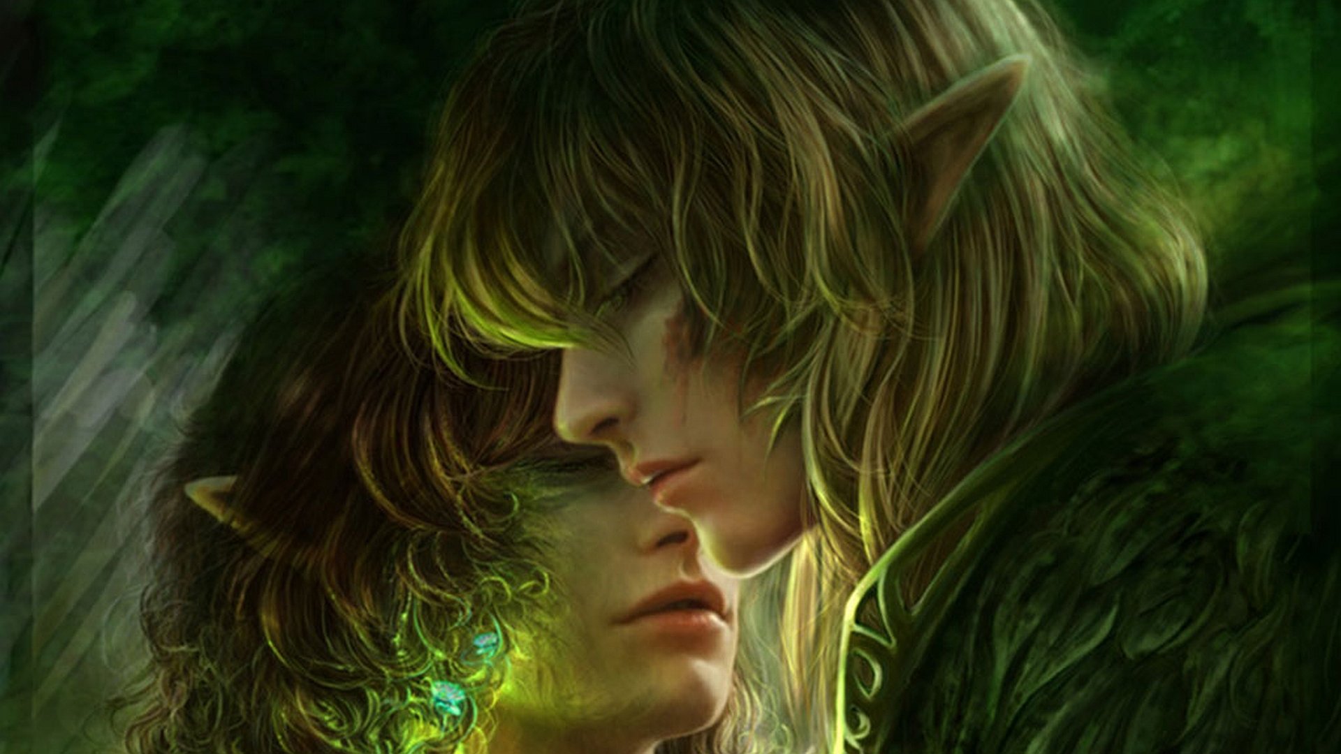 A captivating HD fantasy wallpaper featuring two ethereal figures leaning in for a tender moment, surrounded by lush greenery, embodying love and connection.