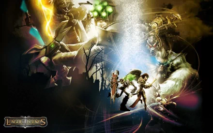 HD wallpaper featuring characters from League of Legends, including Warwick, Fiddlesticks, Kayle, Singed, and Master Yi, set against a dynamic and colorful background.