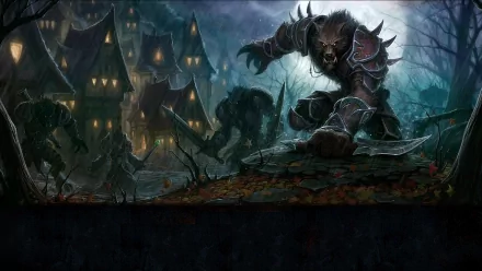 HD desktop wallpaper featuring a fierce warrior from World of Warcraft poised in a dark, eerie landscape, with haunted houses and ominous figures lurking in the background.