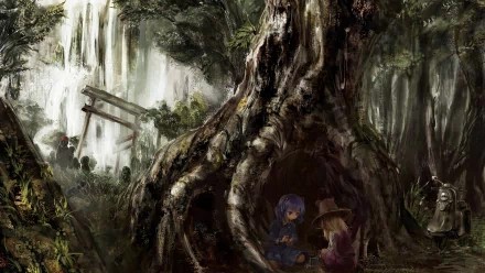 HD anime desktop wallpaper featuring Nitori Kawashiro and Suwako Moriya from Touhou, set in a mystical forest with ancient trees and a serene atmosphere.