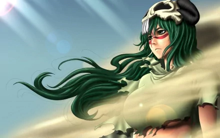Nelliel Tu Odelschwanck from Bleach — anime 2K Quad HD PC desktop wallpaper: windswept long green hair, hollow mask fragment, dramatic sky and light flares.